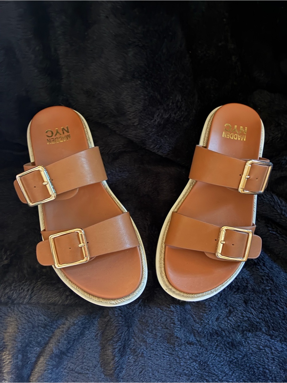Madden NYC Double Buckle Slide Sandals - Cognac